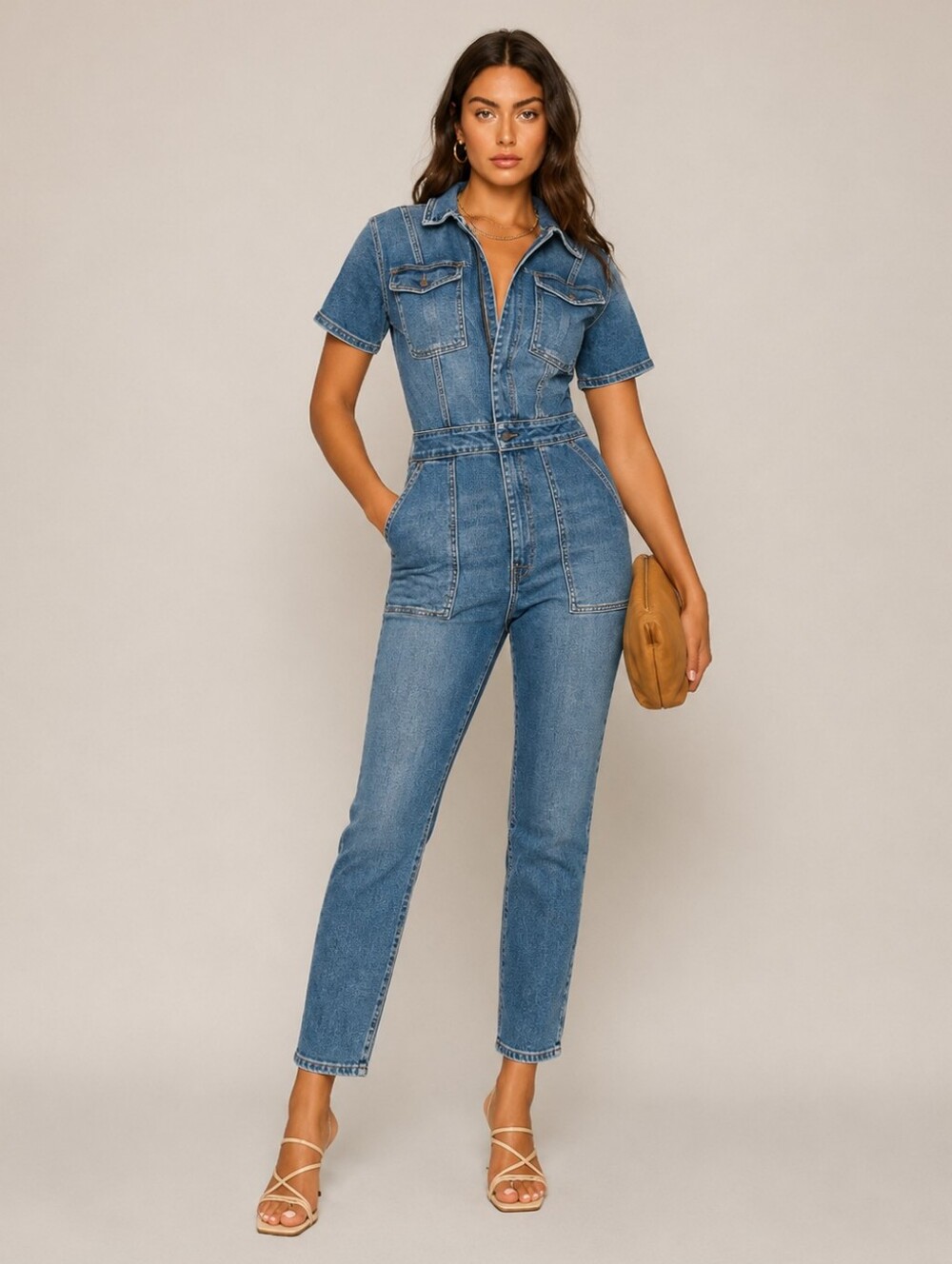 Good American Fit For Success Short Sleeve Denim Jumpsuit Size S